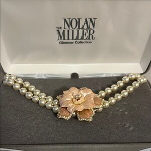 Nolan Miller Pearl Necklace with Pink Flower